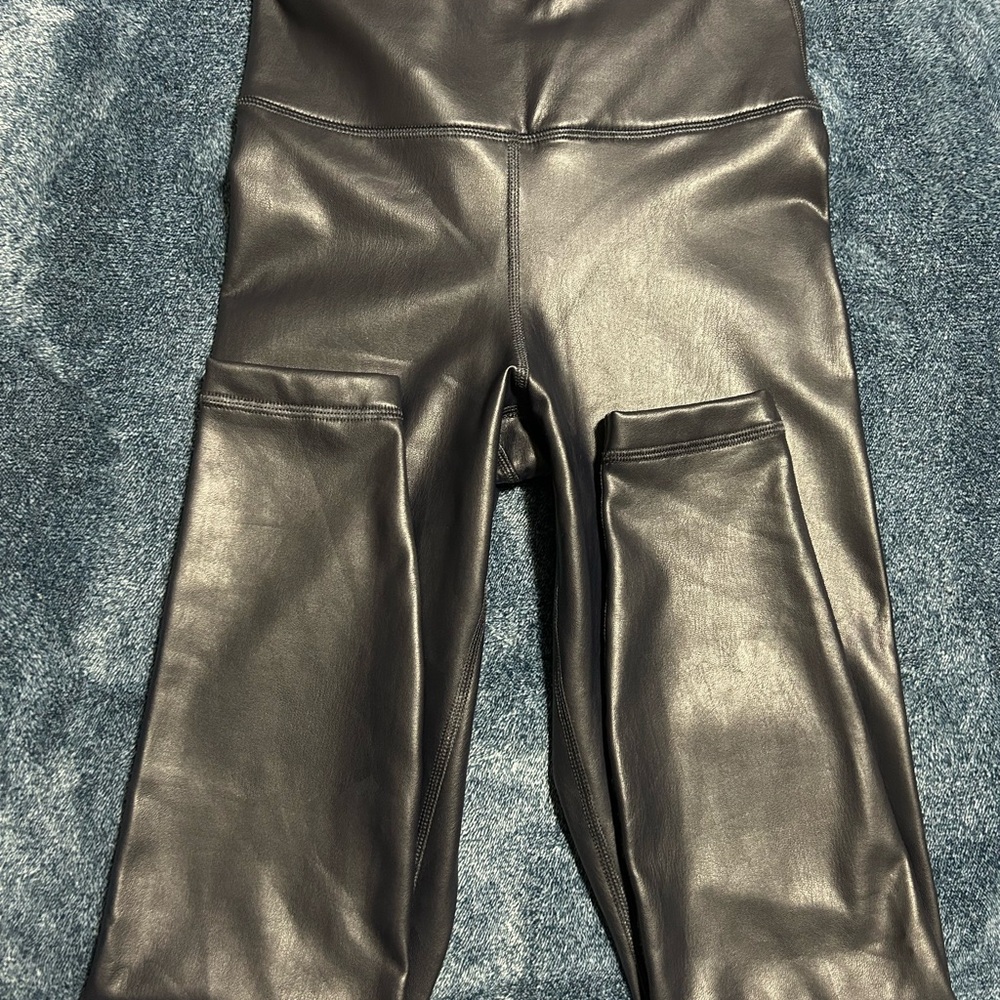 90 Degree Faux Leather High-Waist Leggings Dark Blue and Blush color